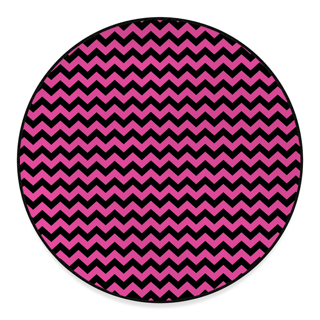 Pink And Black Chevron Pattern Print Round Floor Mat