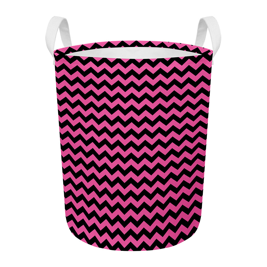 Pink And Black Chevron Pattern Print Round Laundry Basket