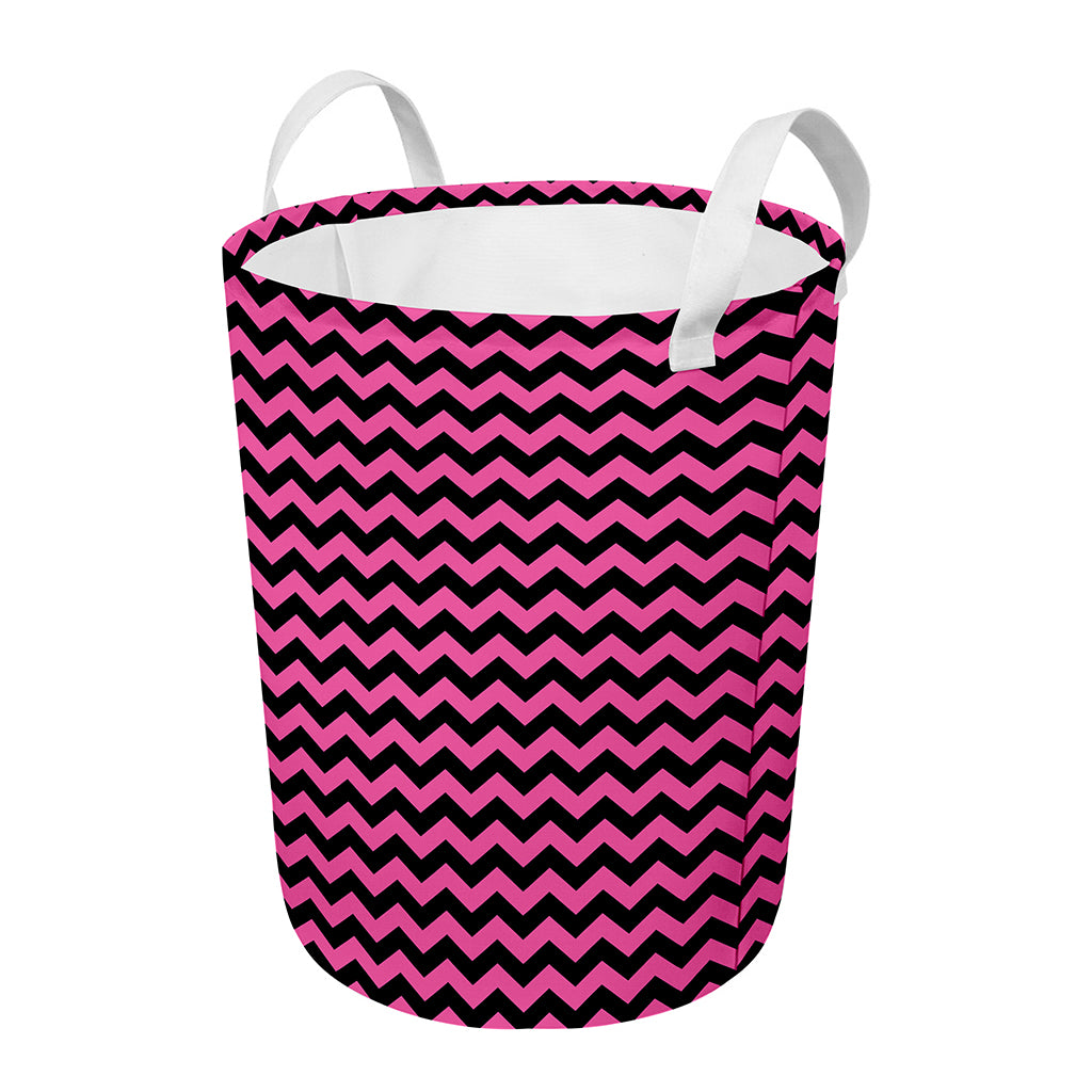 Pink And Black Chevron Pattern Print Round Laundry Basket