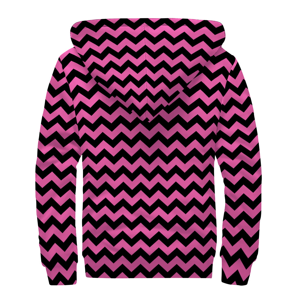 Pink And Black Chevron Pattern Print Sherpa Lined Zip Up Hoodie