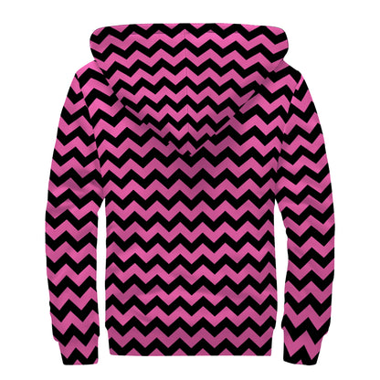 Pink And Black Chevron Pattern Print Sherpa Lined Zip Up Hoodie