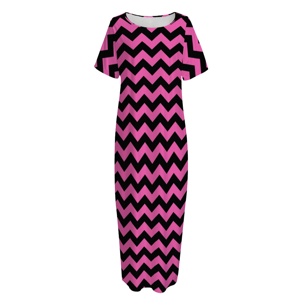 Pink And Black Chevron Pattern Print Short Sleeve Long Nightdress