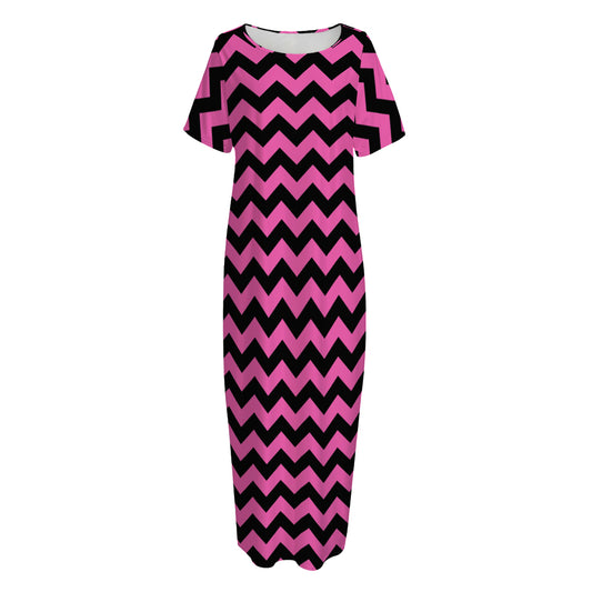 Pink And Black Chevron Pattern Print Short Sleeve Long Nightdress