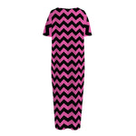 Pink And Black Chevron Pattern Print Short Sleeve Long Nightdress