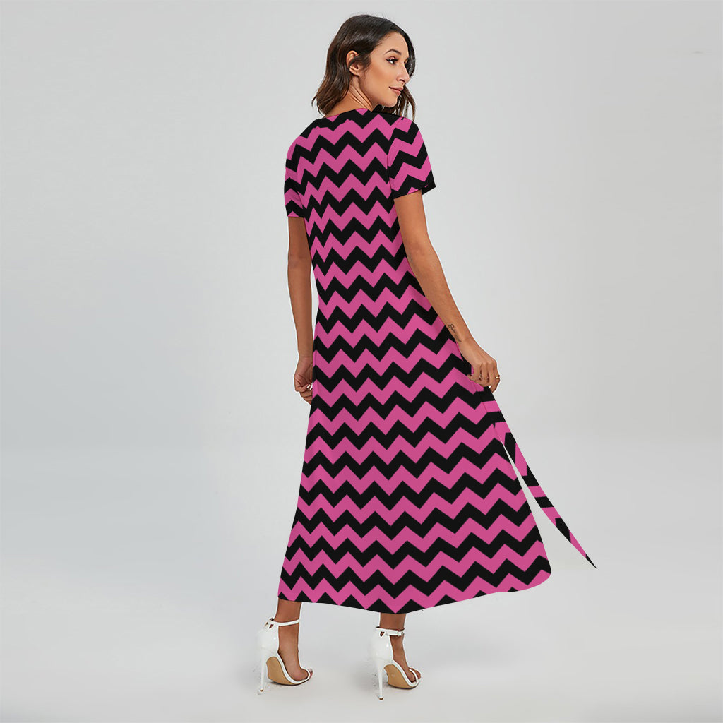 Pink and Black Chevron Pattern Print Short Sleeve Maxi Dress
