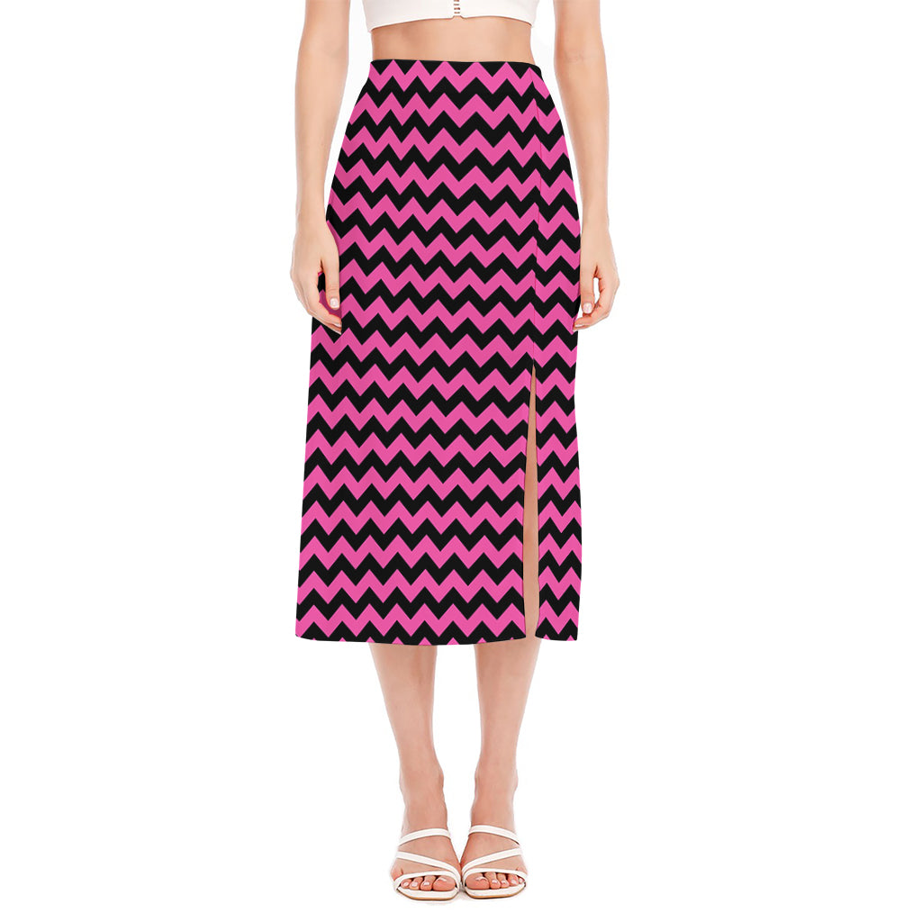 Pink And Black Chevron Pattern Print Side Slit Midi Skirt