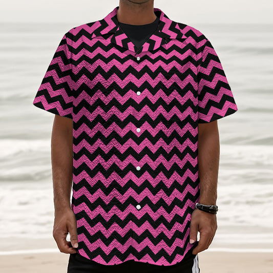 Pink And Black Chevron Pattern Print Textured Short Sleeve Shirt