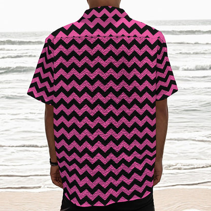 Pink And Black Chevron Pattern Print Textured Short Sleeve Shirt