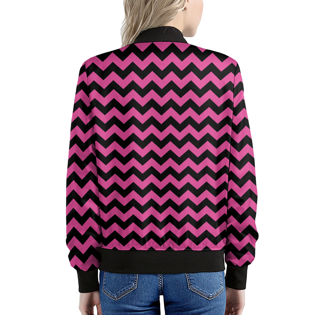 Pink And Black Chevron Pattern Print Women's Bomber Jacket