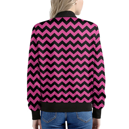 Pink And Black Chevron Pattern Print Women's Bomber Jacket