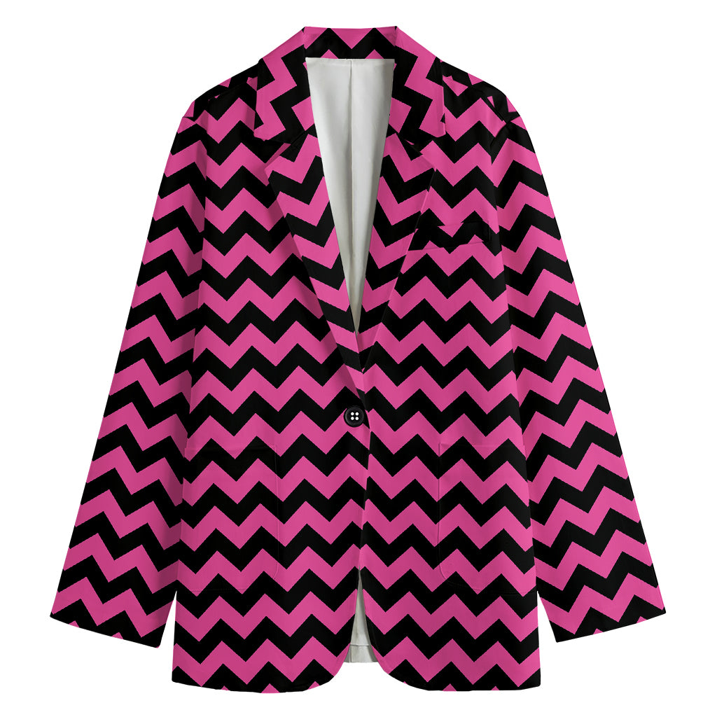 Pink And Black Chevron Pattern Print Women's Cotton Blazer