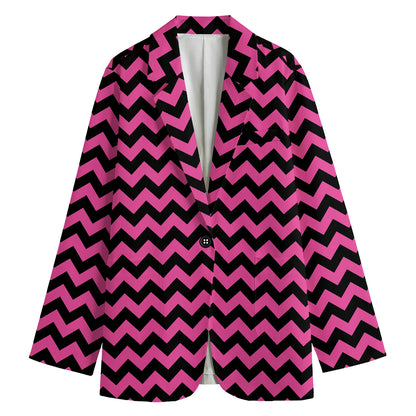 Pink And Black Chevron Pattern Print Women's Cotton Blazer