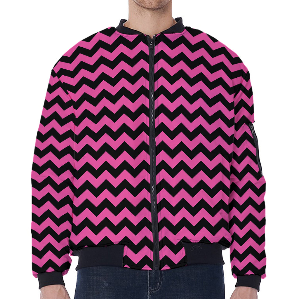 Pink And Black Chevron Pattern Print Zip Sleeve Bomber Jacket
