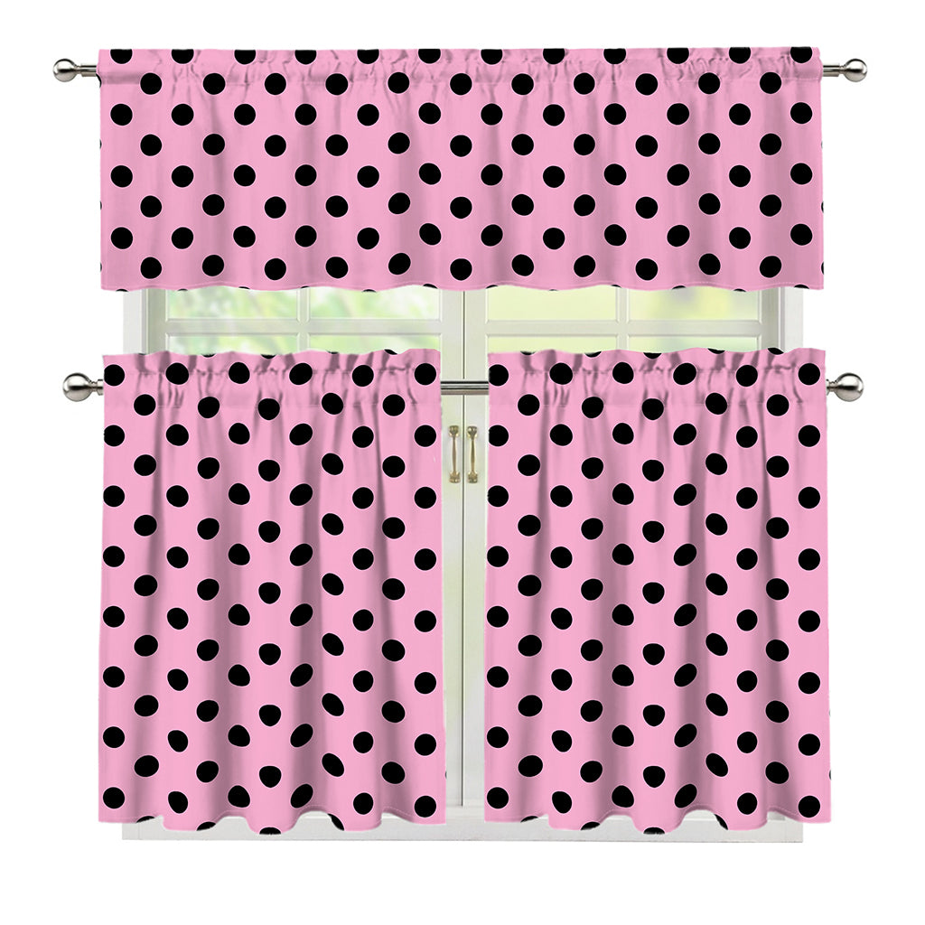 Pink And Black Polka Dot Pattern Print 3 Piece Kitchen Curtains