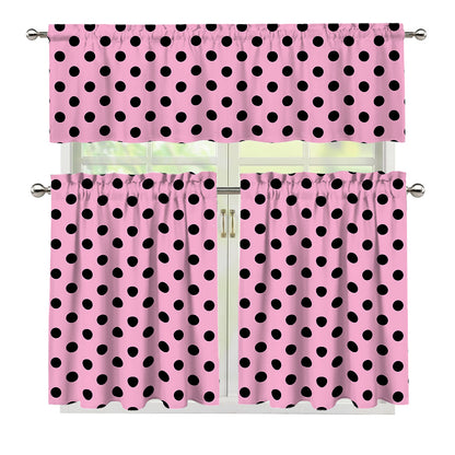 Pink And Black Polka Dot Pattern Print 3 Piece Kitchen Curtains