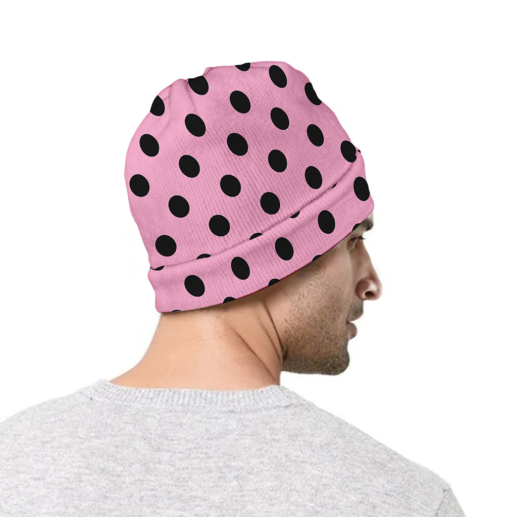 Pink And Black Polka Dot Pattern Print Beanie