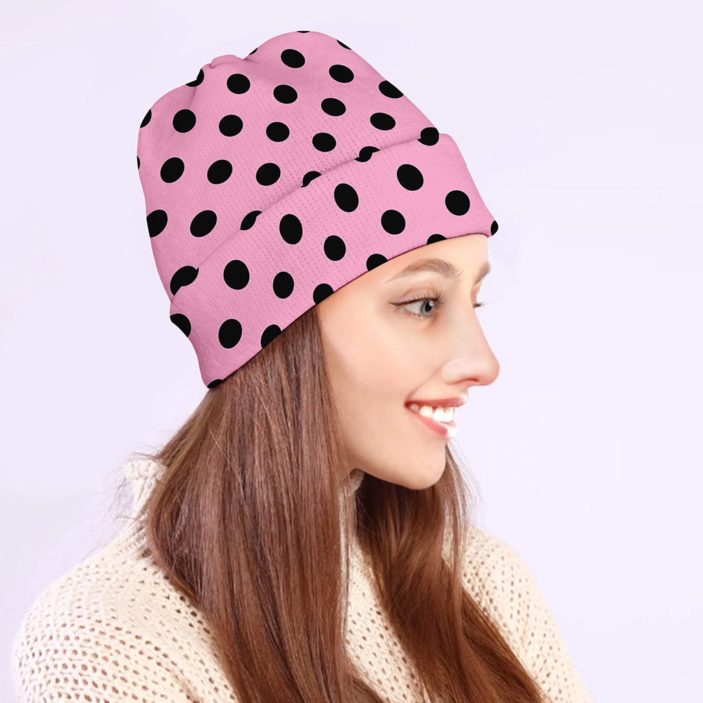 Pink And Black Polka Dot Pattern Print Beanie