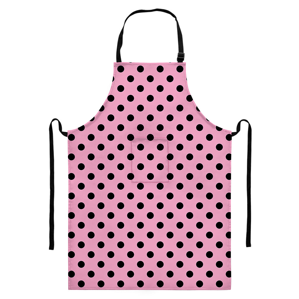 Pink And Black Polka Dot Pattern Print Bib Apron With Pocket
