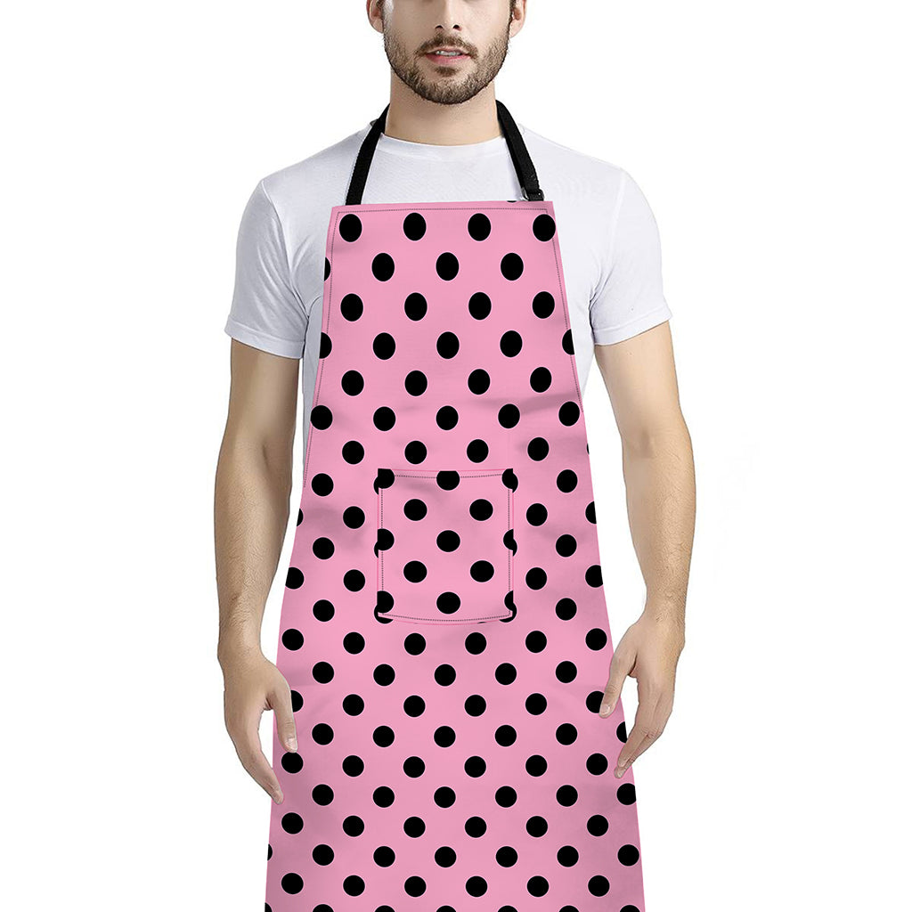 Pink And Black Polka Dot Pattern Print Bib Apron With Pocket