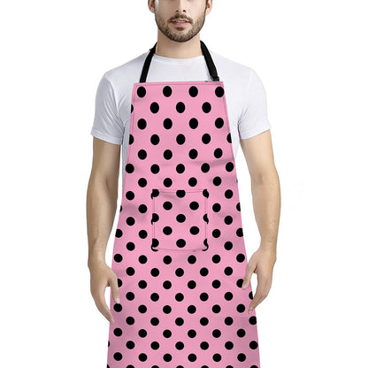 Pink And Black Polka Dot Pattern Print Bib Apron With Pocket