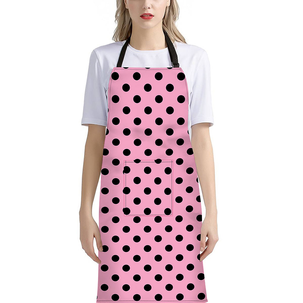 Pink And Black Polka Dot Pattern Print Bib Apron With Pocket