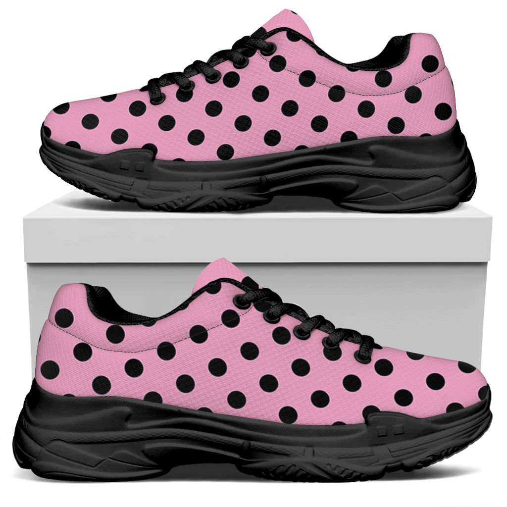 Pink And Black Polka Dot Pattern Print Black Chunky Shoes