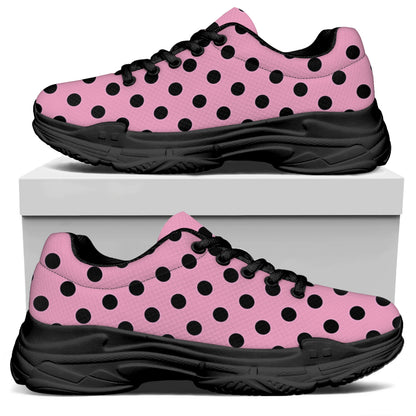 Pink And Black Polka Dot Pattern Print Black Chunky Shoes