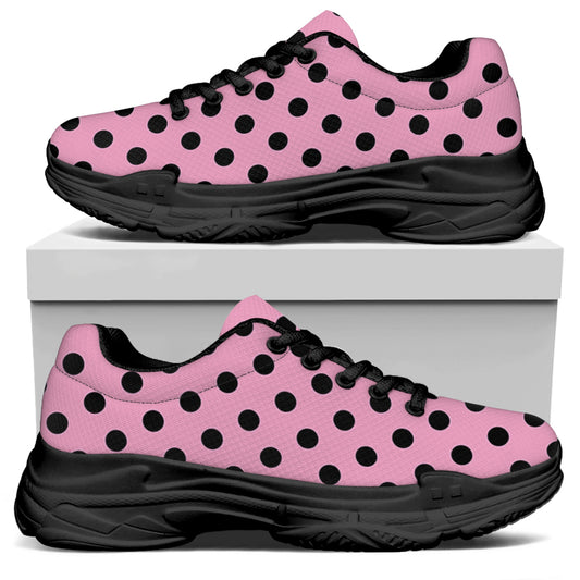 Pink And Black Polka Dot Pattern Print Black Chunky Shoes