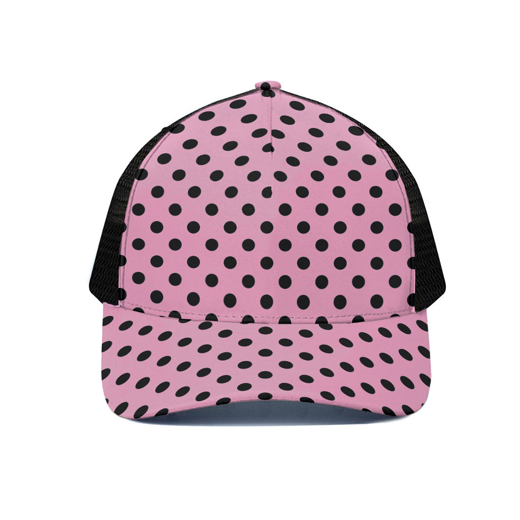 Pink And Black Polka Dot Pattern Print Black Mesh Trucker Cap