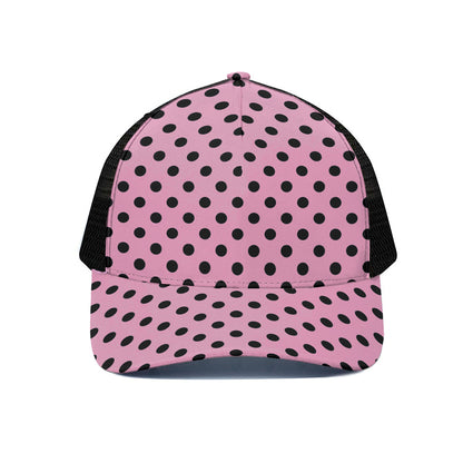 Pink And Black Polka Dot Pattern Print Black Mesh Trucker Cap