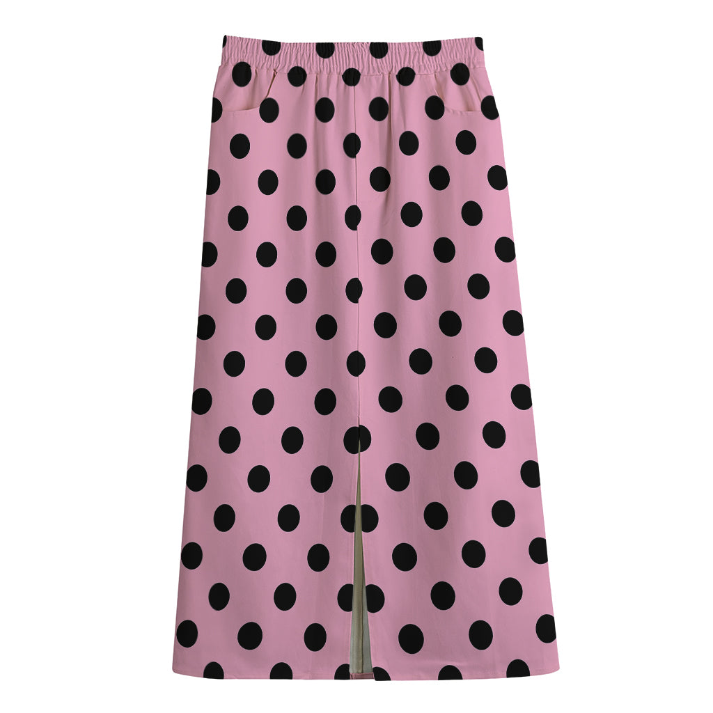 Pink And Black Polka Dot Pattern Print Cotton Front Slit Maxi Skirt