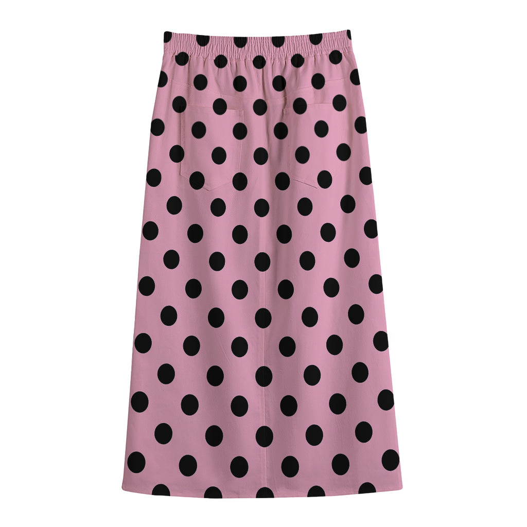 Pink And Black Polka Dot Pattern Print Cotton Front Slit Maxi Skirt