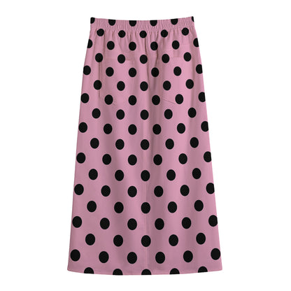 Pink And Black Polka Dot Pattern Print Cotton Front Slit Maxi Skirt