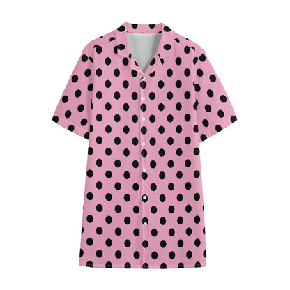 Pink And Black Polka Dot Pattern Print Cotton Hawaiian Shirt
