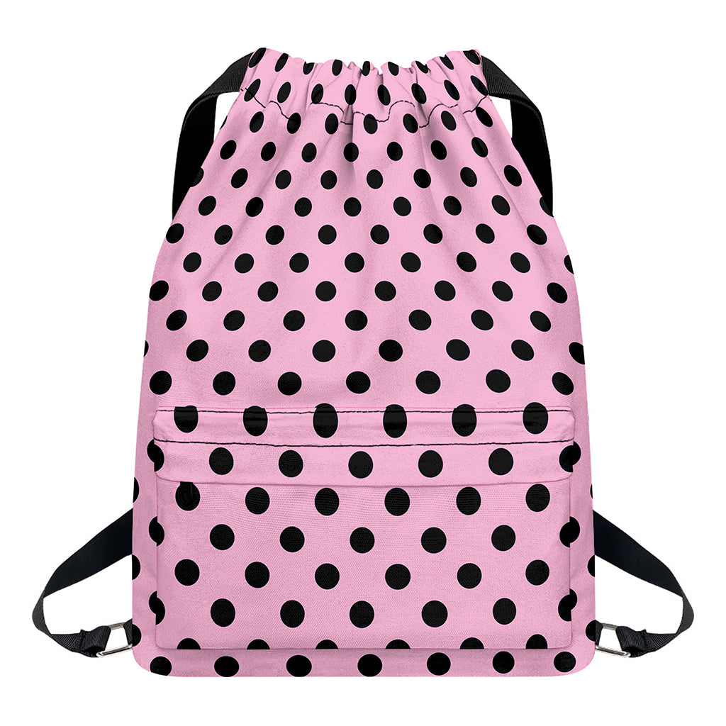 Pink And Black Polka Dot Pattern Print Drawstring Backpack