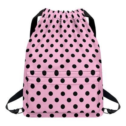 Pink And Black Polka Dot Pattern Print Drawstring Backpack
