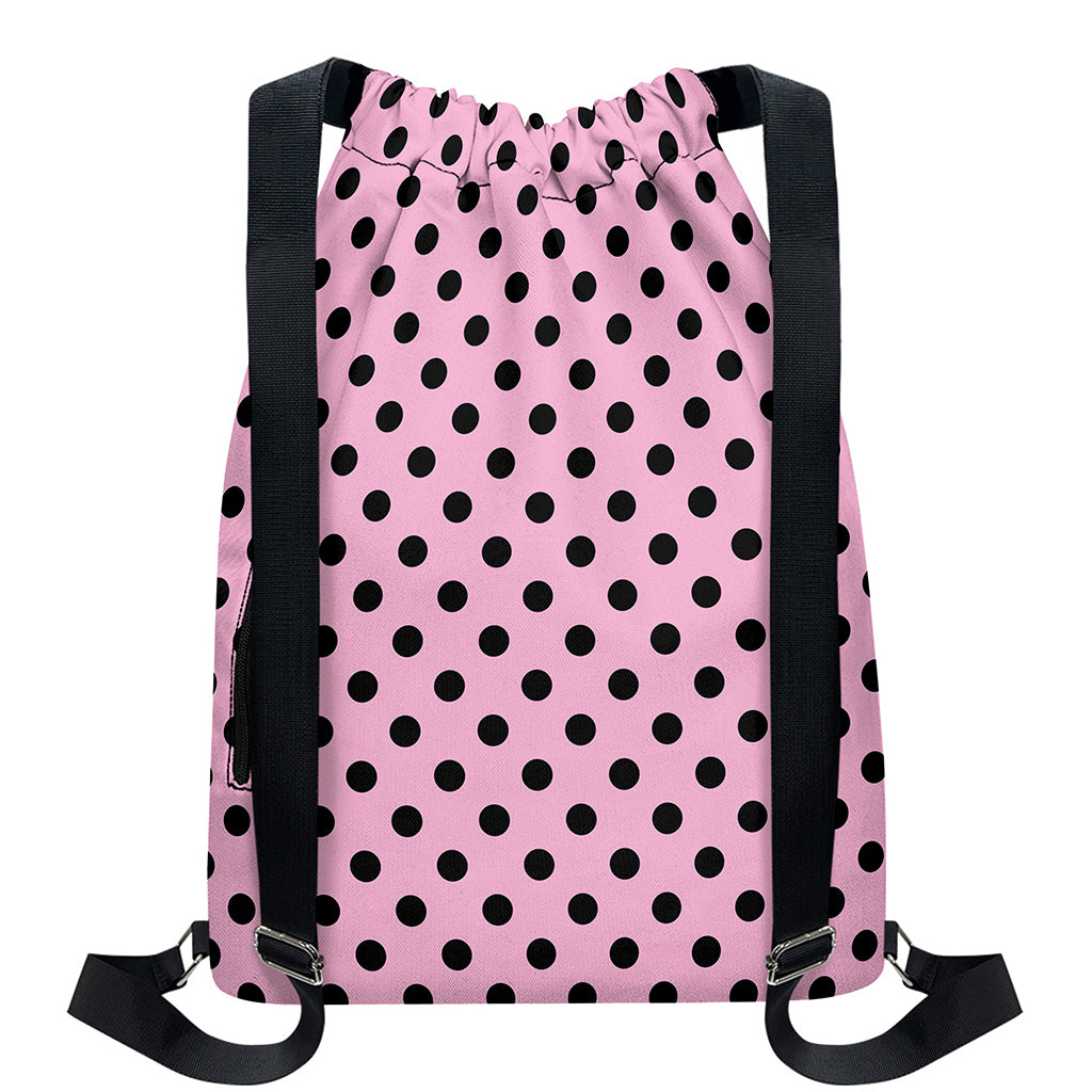 Pink And Black Polka Dot Pattern Print Drawstring Backpack
