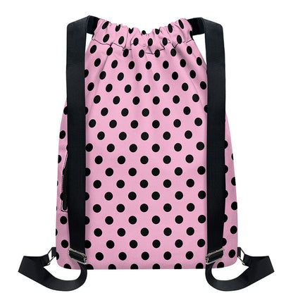 Pink And Black Polka Dot Pattern Print Drawstring Backpack