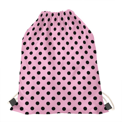 Pink And Black Polka Dot Pattern Print Drawstring Bag