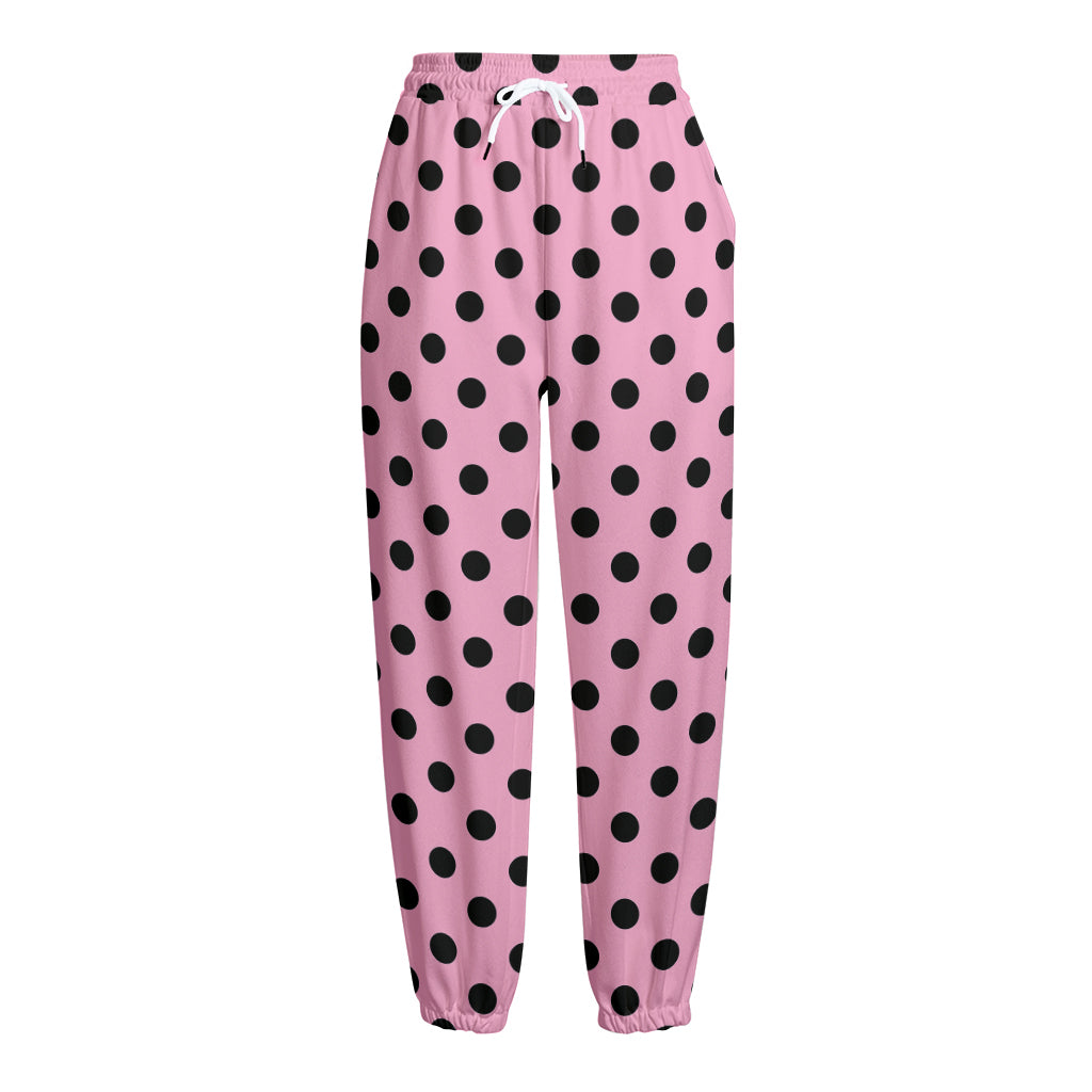 Pink And Black Polka Dot Pattern Print Fleece Lined Knit Pants