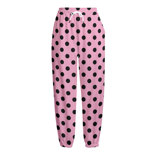 Pink And Black Polka Dot Pattern Print Fleece Lined Knit Pants