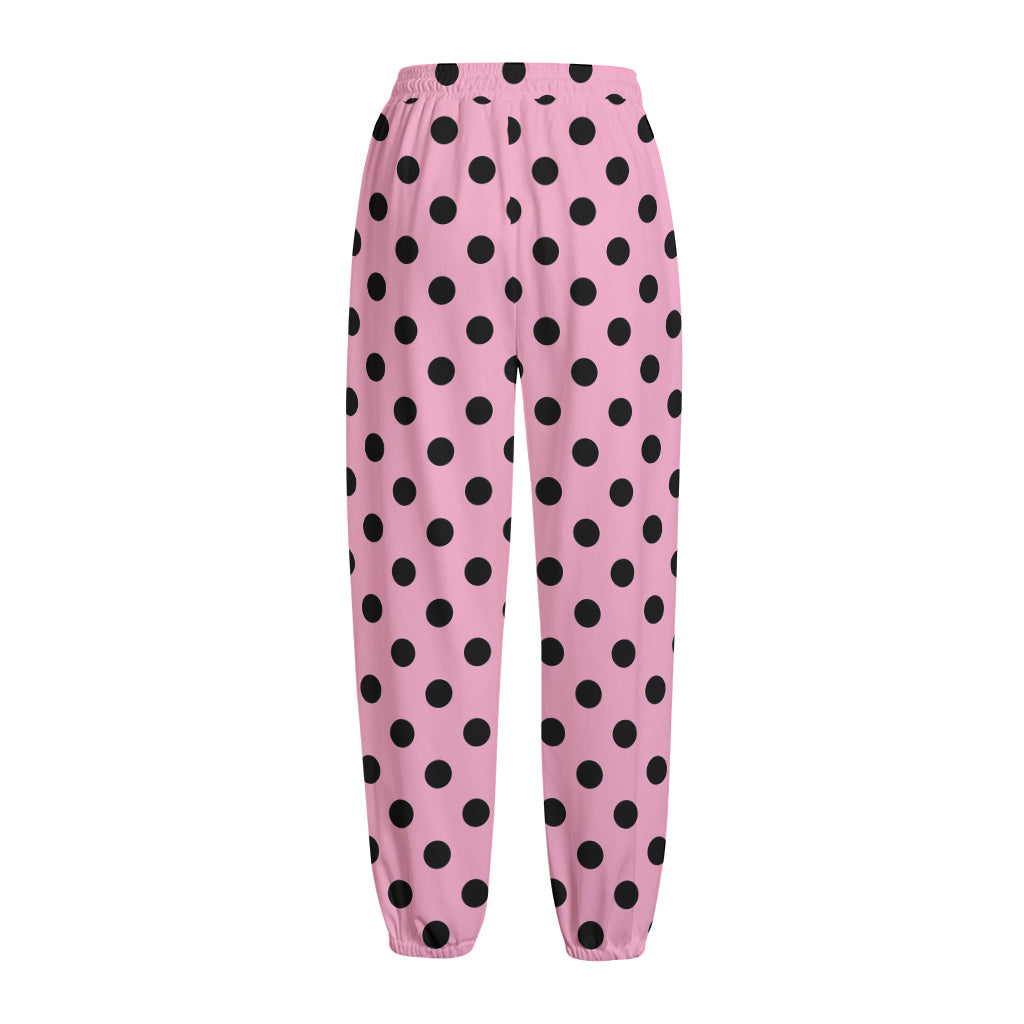 Pink And Black Polka Dot Pattern Print Fleece Lined Knit Pants