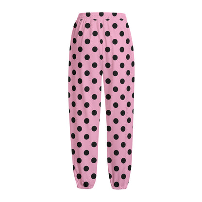 Pink And Black Polka Dot Pattern Print Fleece Lined Knit Pants