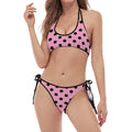Pink And Black Polka Dot Pattern Print Halter Scoop Tie Side Bikini