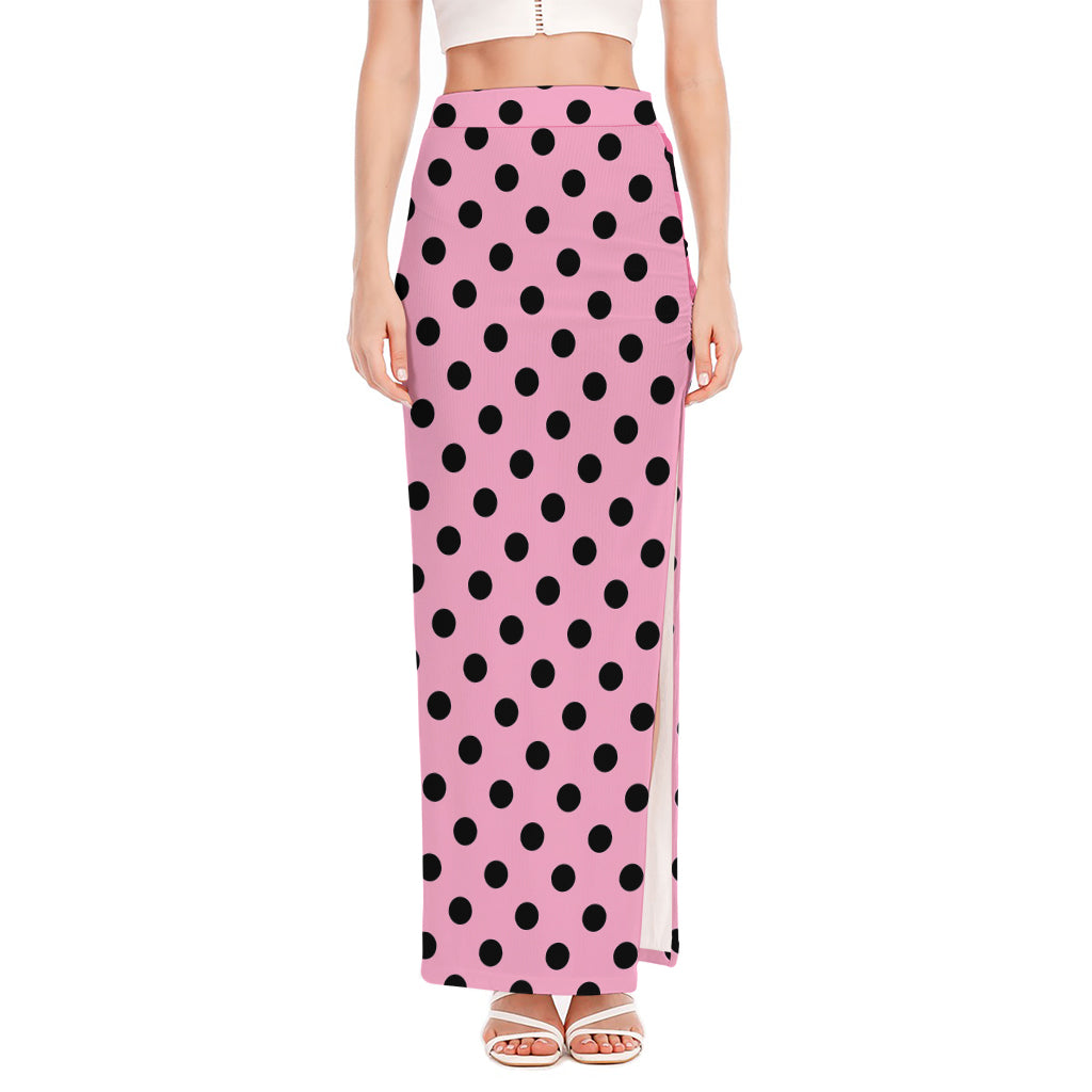 Pink And Black Polka Dot Pattern Print High Slit Maxi Skirt