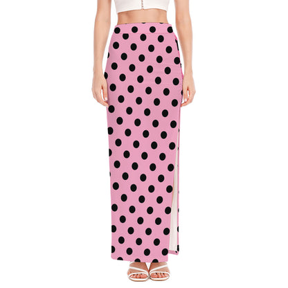 Pink And Black Polka Dot Pattern Print High Slit Maxi Skirt