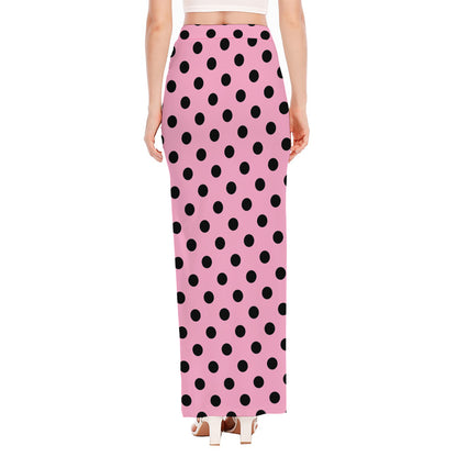 Pink And Black Polka Dot Pattern Print High Slit Maxi Skirt