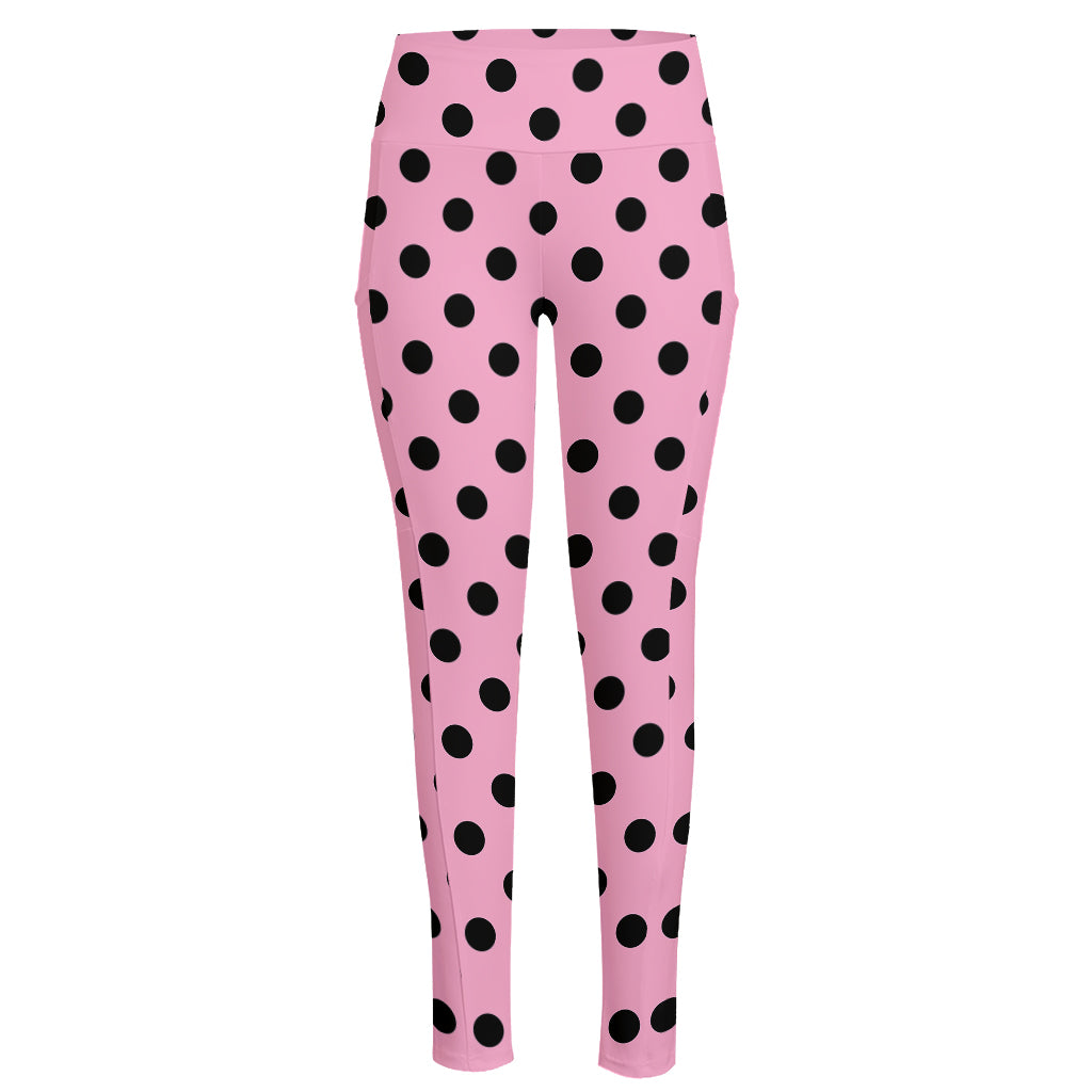 Pink And Black Polka Dot Pattern Print High-Waisted Pocket Leggings