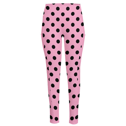 Pink And Black Polka Dot Pattern Print High-Waisted Pocket Leggings
