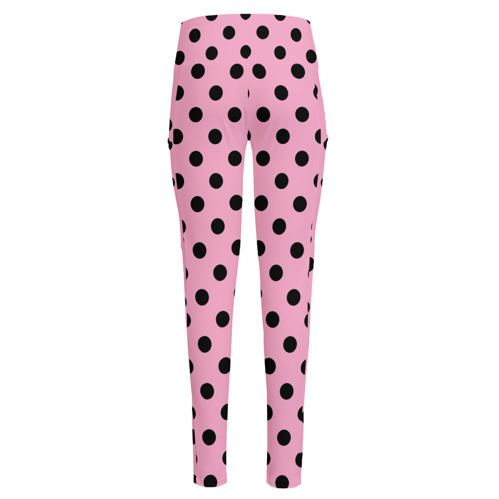 Pink And Black Polka Dot Pattern Print High-Waisted Pocket Leggings